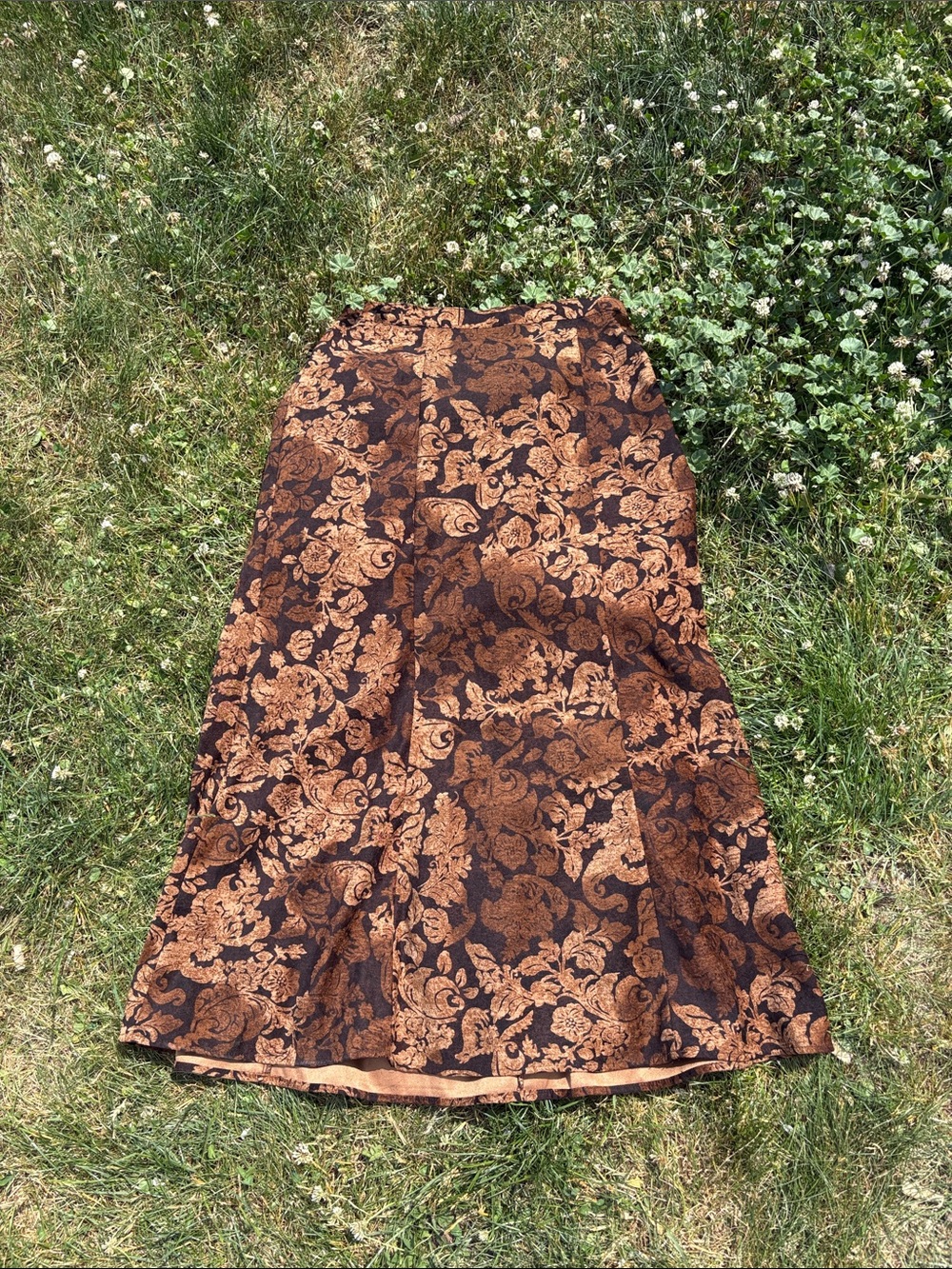 Christopher & Banks Brown and Tan Floral Jacquard A-Line Skirt
